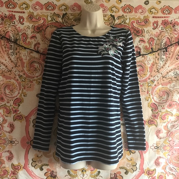 Ann Taylor Stripped Long Sleeve Tee Embroidered - Picture 2 of 8
